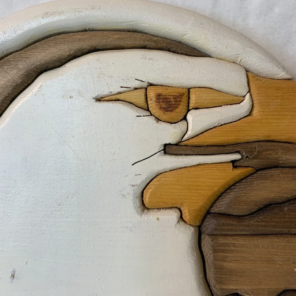 American Bald Eagle Wood Inlay Wall Decor MCM Art Piece Round‎  Handmade Stained
